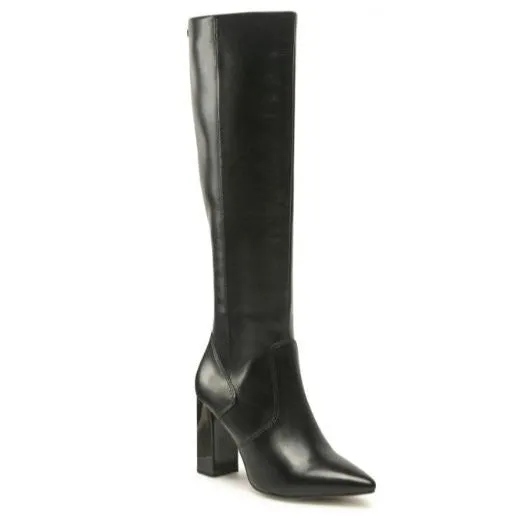 Caprice Knee Length Heeled Boot in Black Leather
