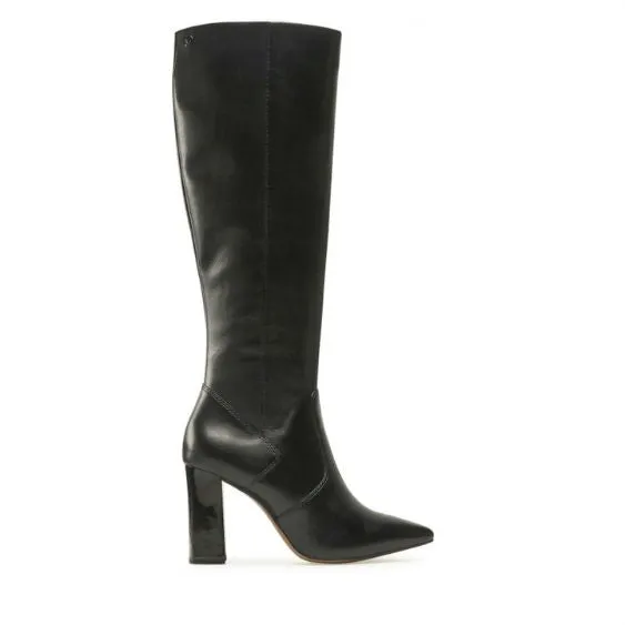 Caprice Knee Length Heeled Boot in Black Leather