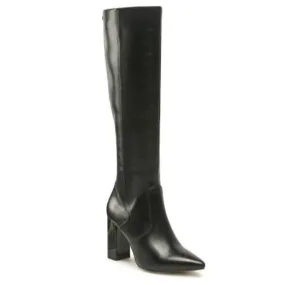 Caprice Knee Length Heeled Boot in Black Leather