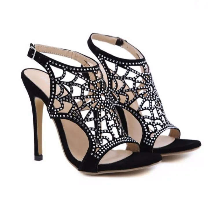 Chicvane Rhinestone Spider Web Buckle Closure Stiletto Heel Bridal Sandals