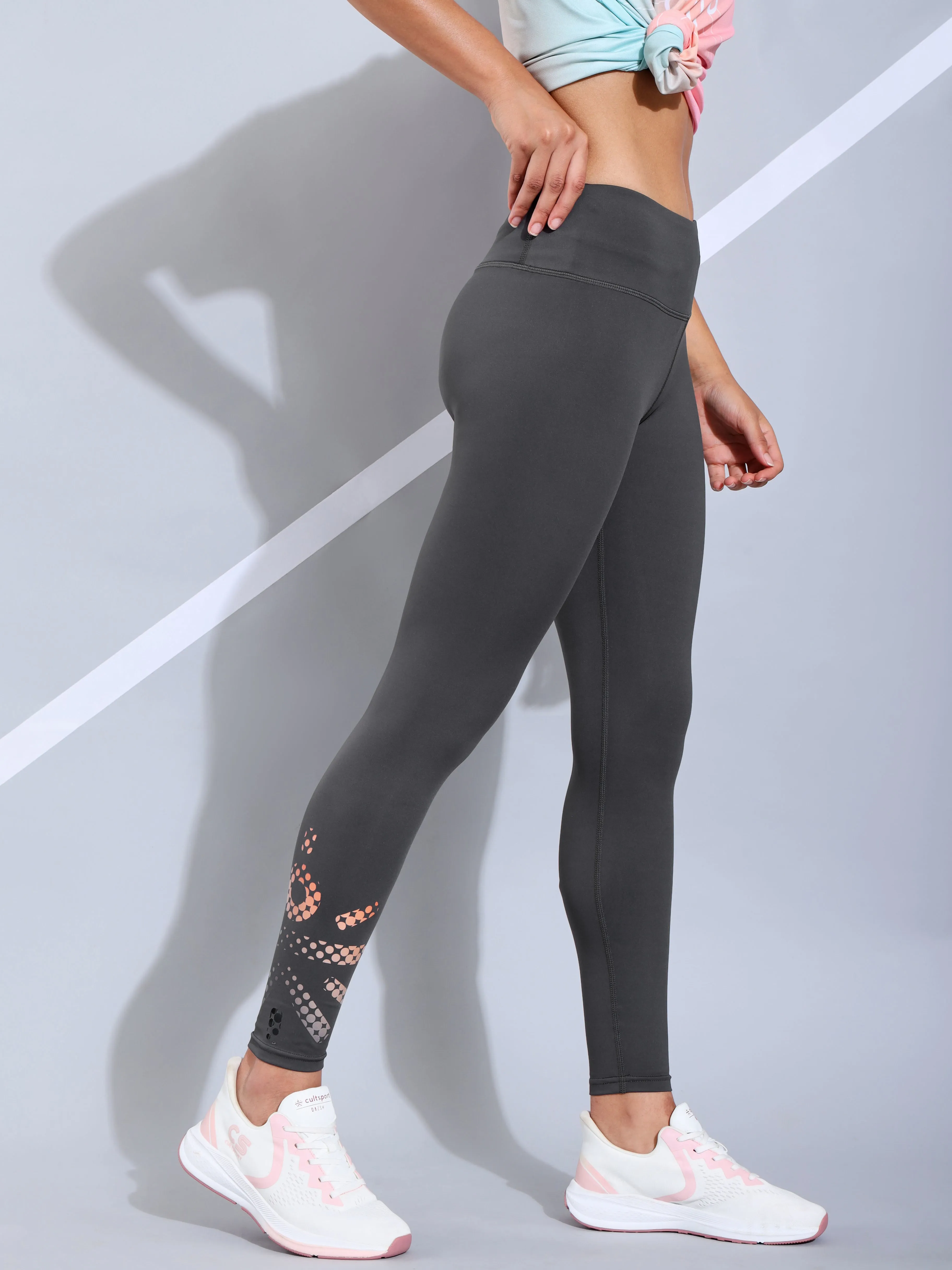Dark Grey Absolute Fit Tights with Logo Print and Back Pocket