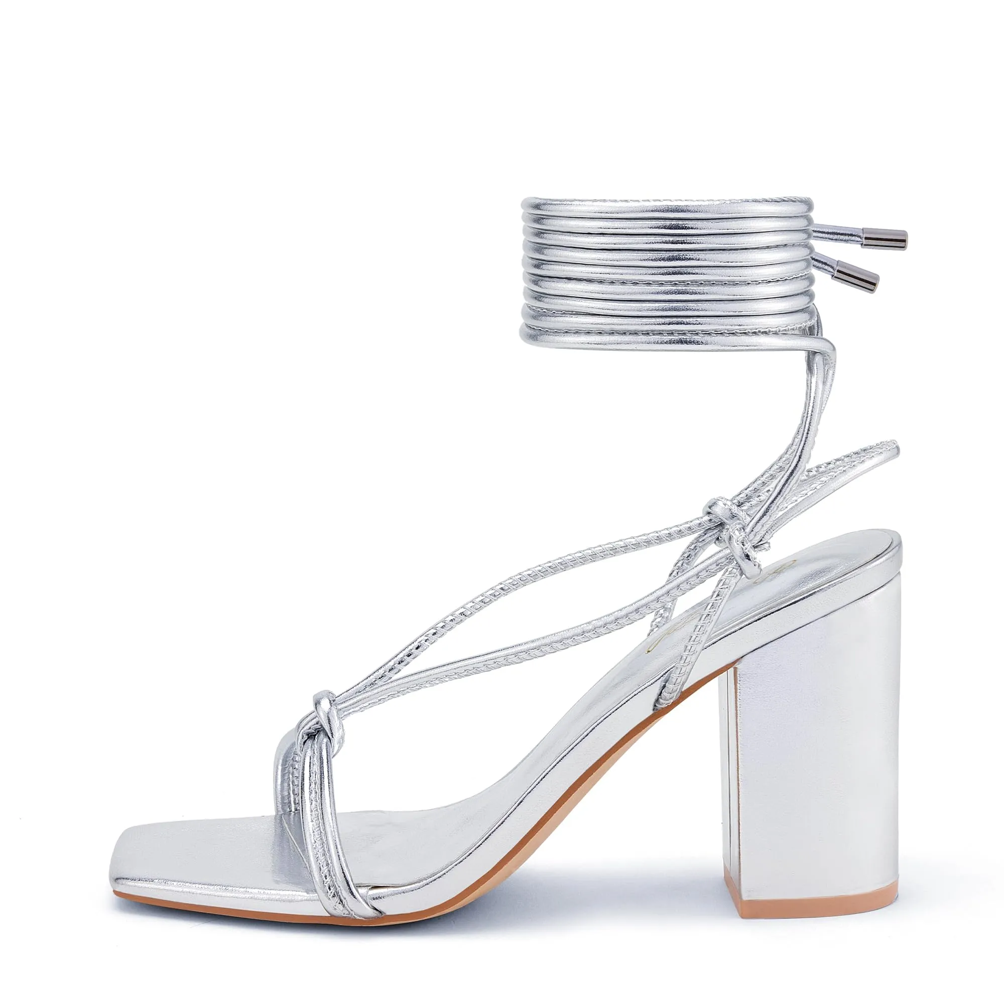 GENSHUO Womens Strappy Heeled Sandals,4 inch Block Chunky Lace up Heels Party Homecoming Sandals Wedding Shoes Silver Size 7