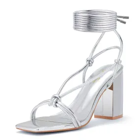 GENSHUO Womens Strappy Heeled Sandals,4 inch Block Chunky Lace up Heels Party Homecoming Sandals Wedding Shoes Silver Size 7