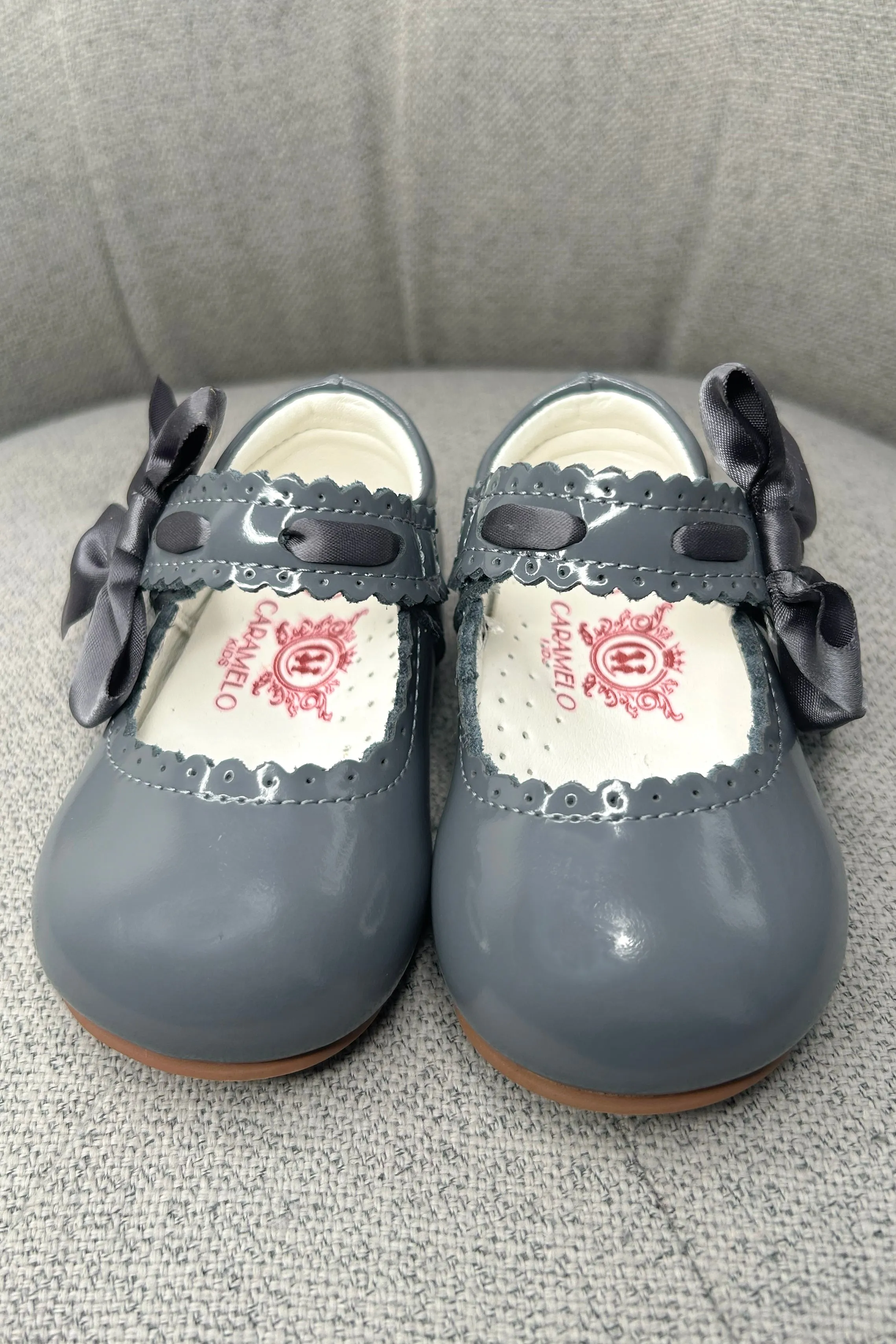 Grey Patent Leather Satin Bow Mary Jane Shoes