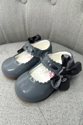 Grey Patent Leather Satin Bow Mary Jane Shoes