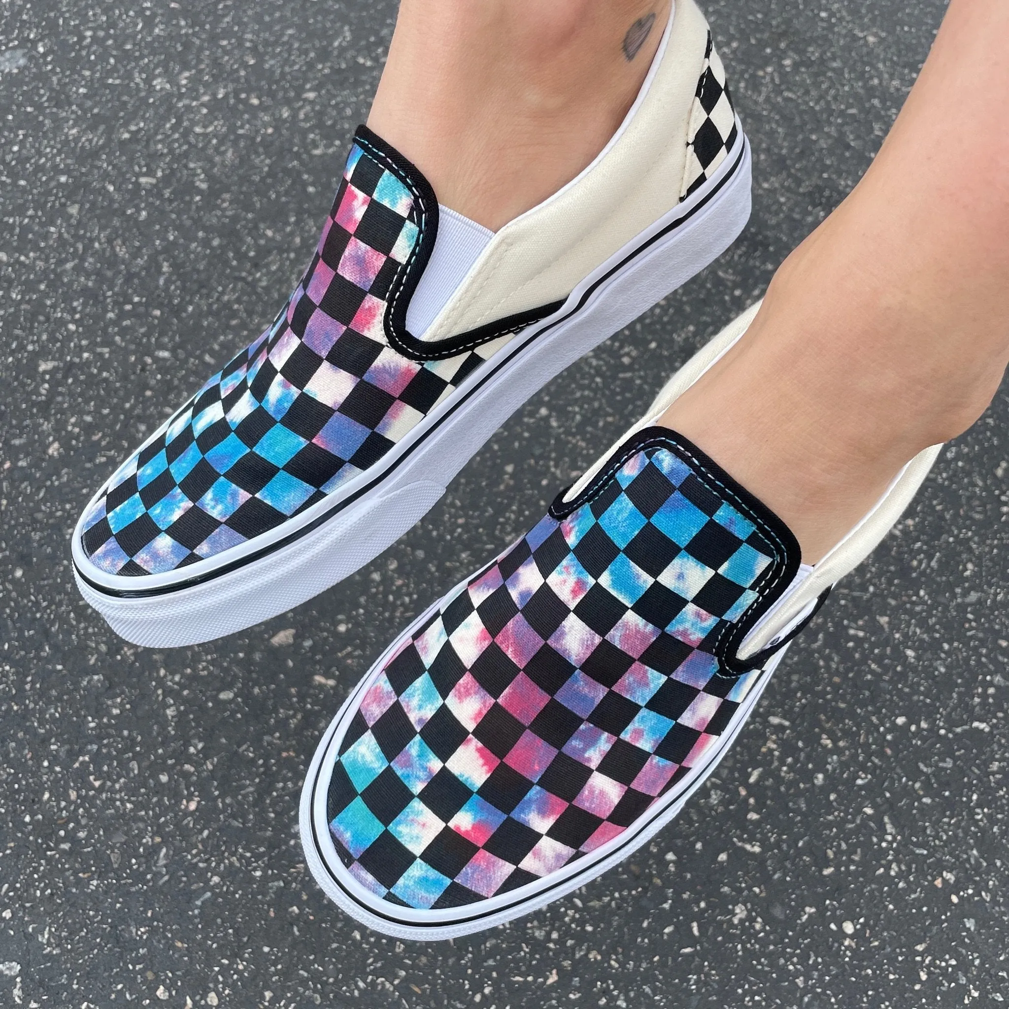Kids Shoes - Tie Dye Checkerboard Custom Slip Ons