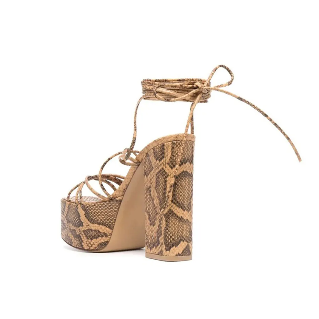 KYLER Printed Lace Up Leather High Heel Platform Sandals