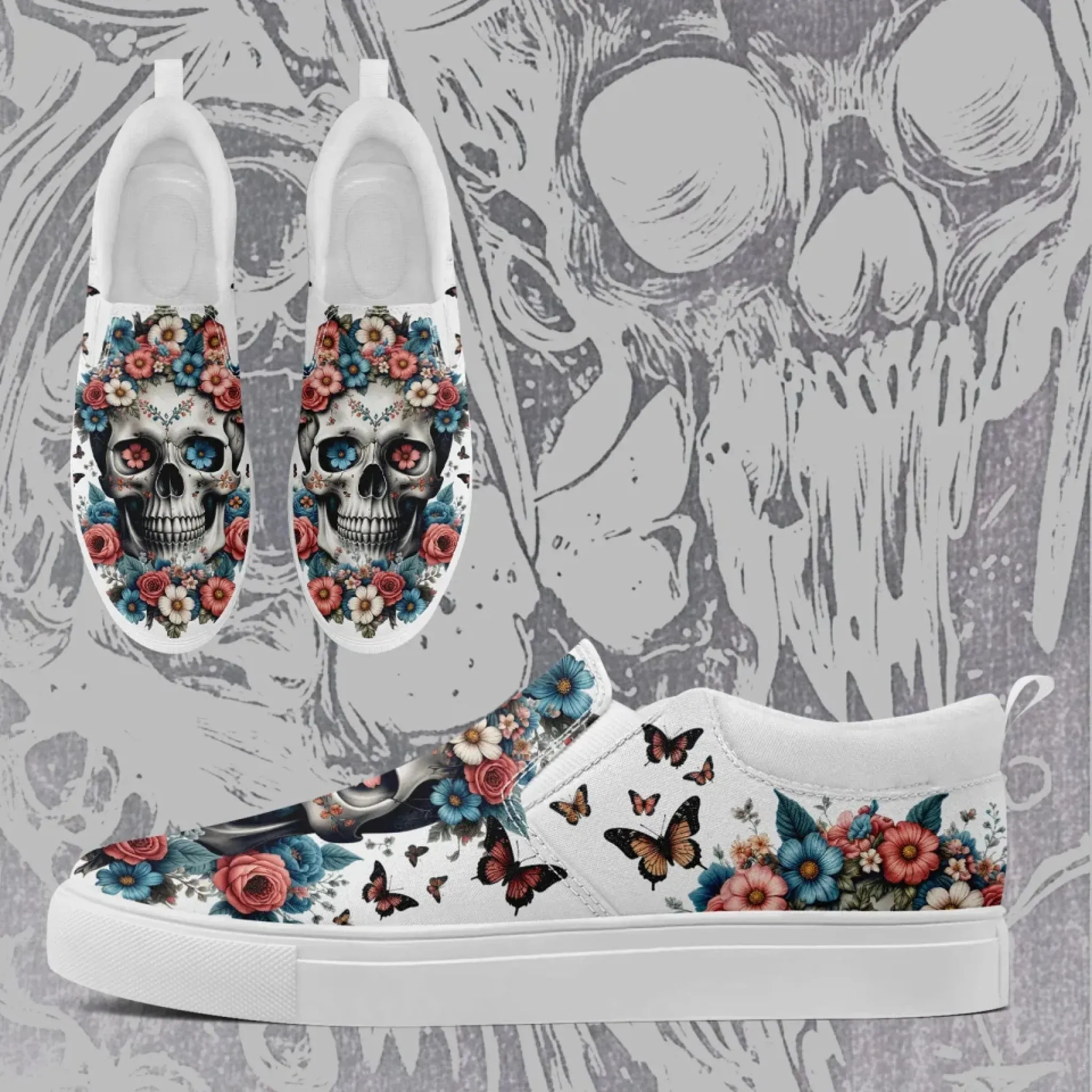 Personalized Gothic Sneakers, Custom Canvas Skull Slip On Shoes, Unisex Shoes