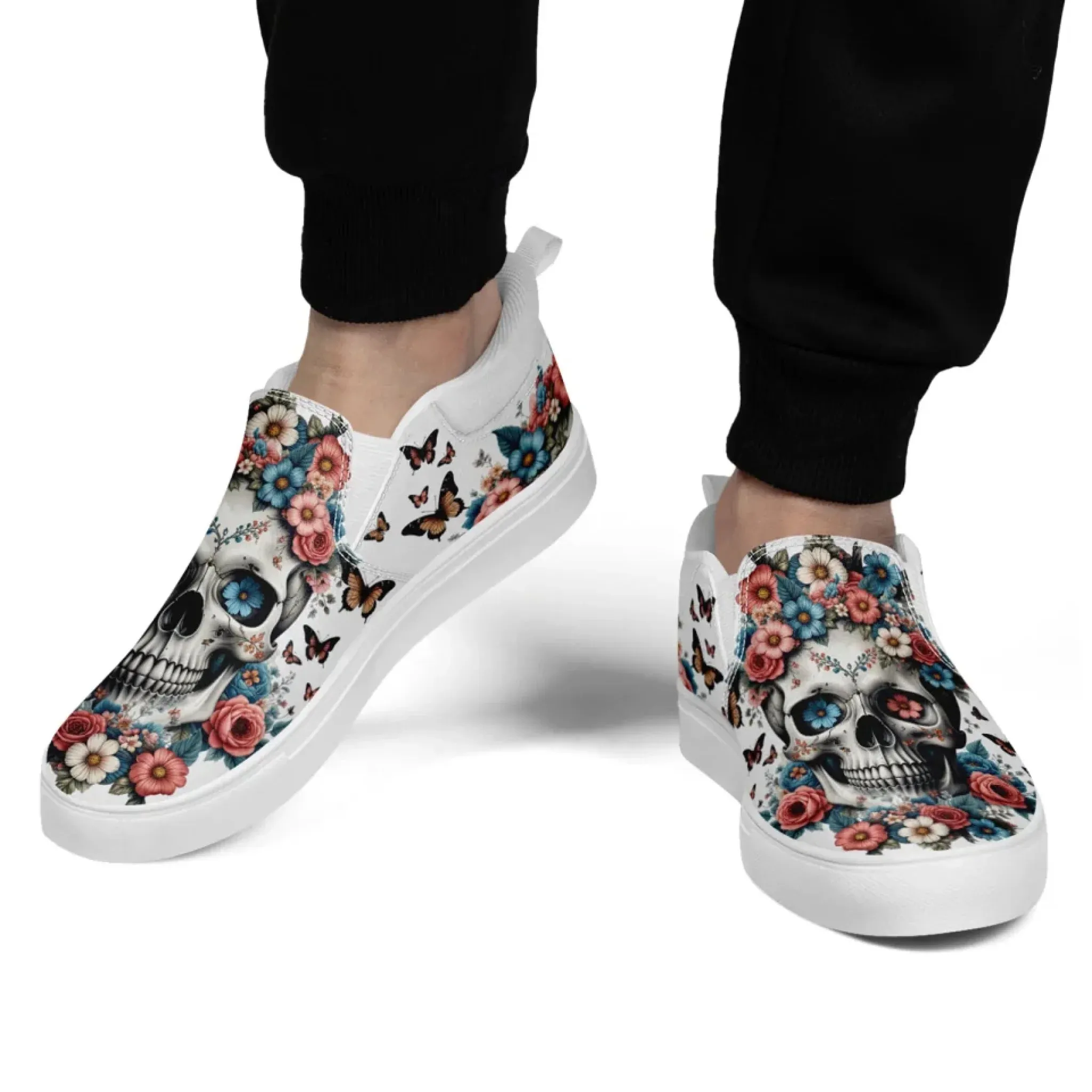 Personalized Gothic Sneakers, Custom Canvas Skull Slip On Shoes, Unisex Shoes