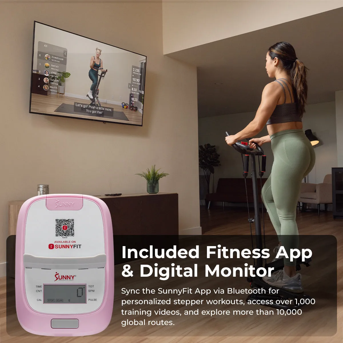 Pink Smart Advanced Stair Exercise Stepper with Handlebar and Resistance Bands