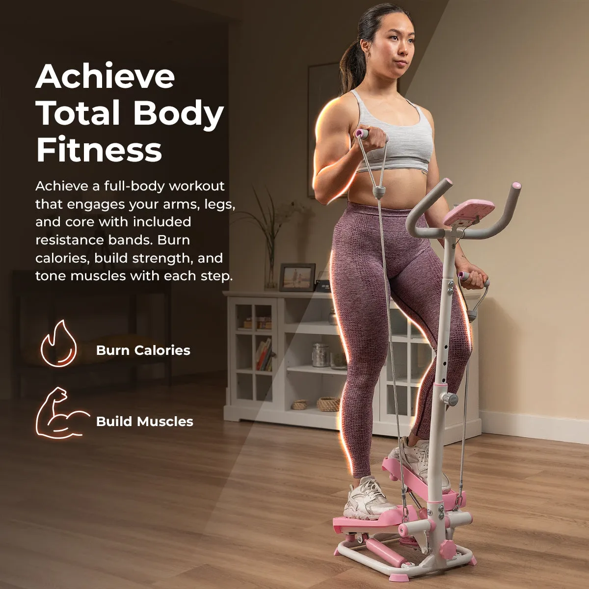 Pink Smart Advanced Stair Exercise Stepper with Handlebar and Resistance Bands
