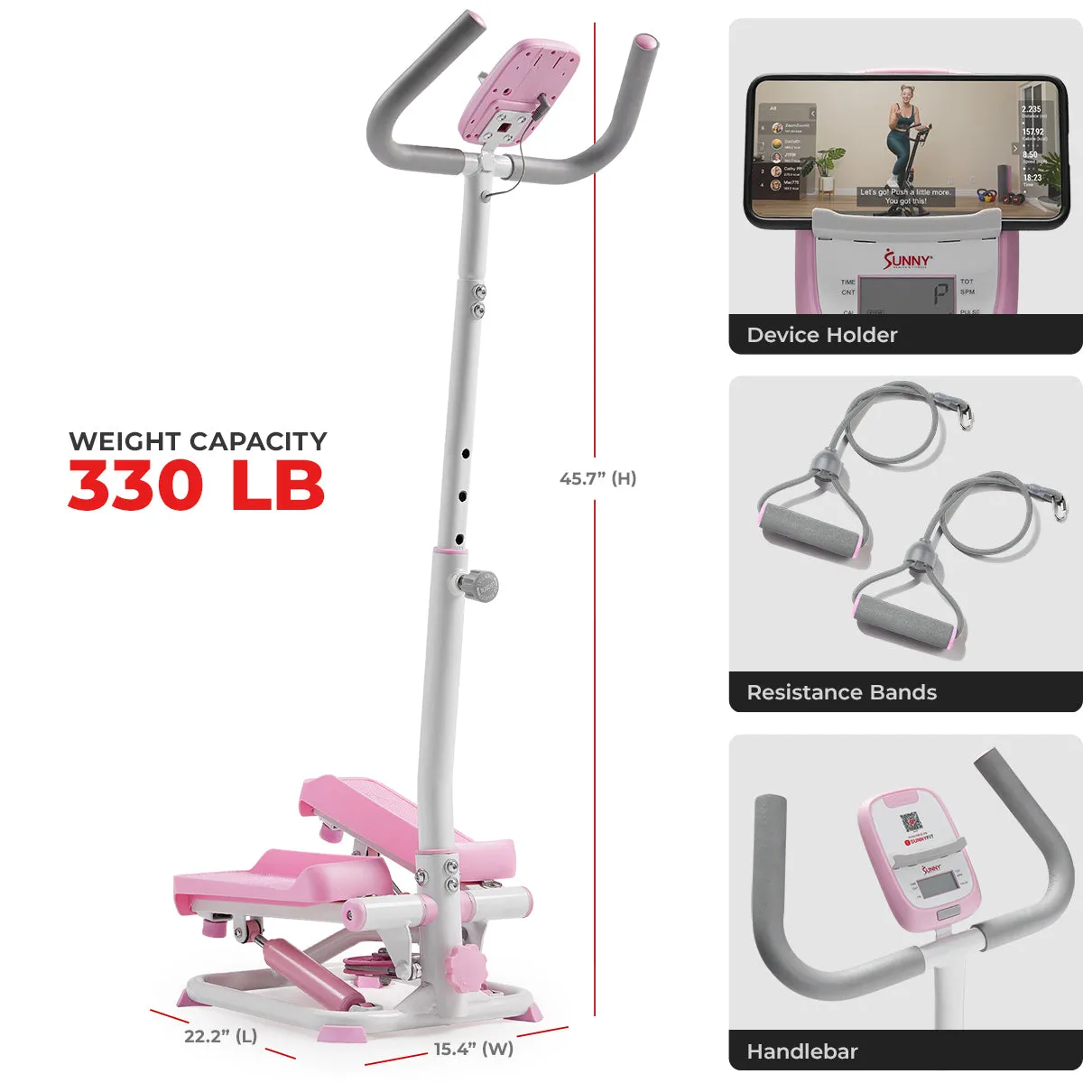 Pink Smart Advanced Stair Exercise Stepper with Handlebar and Resistance Bands