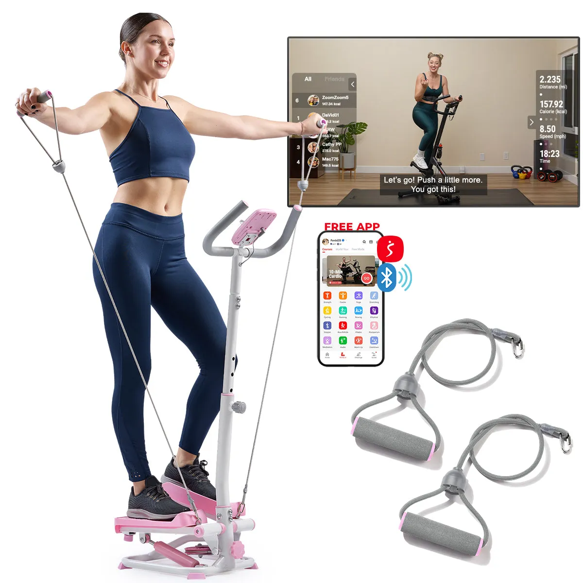 Pink Smart Advanced Stair Exercise Stepper with Handlebar and Resistance Bands