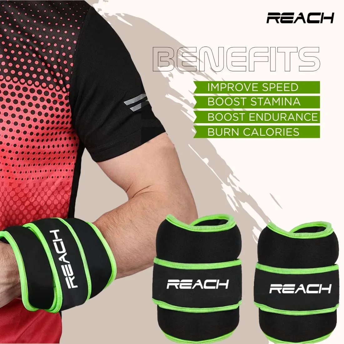 Reach Premium Ankle & Wrist Weight Bands 2 Kg X 2 Green | Weights For Arms & Legs | Adjustable Gym Weights For Fitness Walking Running Jogging Exercise | Men & Women | 12 Months Warranty