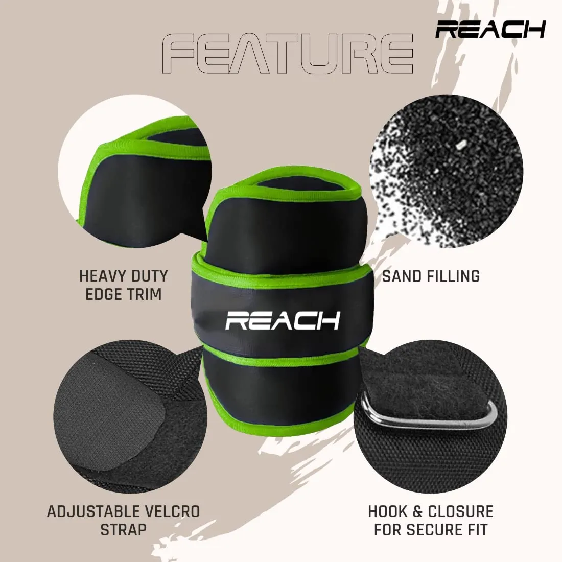 Reach Premium Ankle & Wrist Weight Bands 2 Kg X 2 Green | Weights For Arms & Legs | Adjustable Gym Weights For Fitness Walking Running Jogging Exercise | Men & Women | 12 Months Warranty
