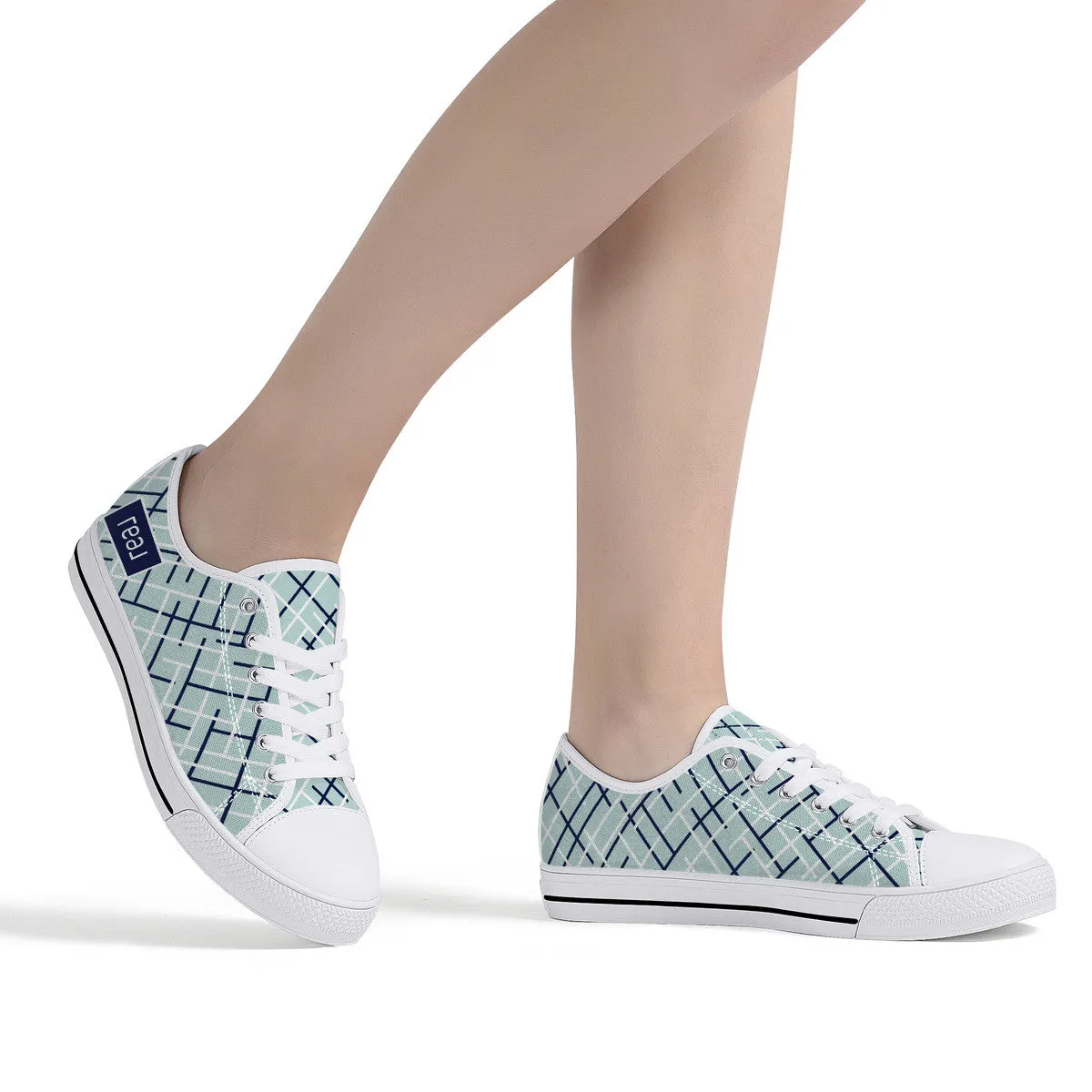Real Navy Logo on Aqua with Abstract Line Design Canvas Sneakers