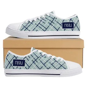 Real Navy Logo on Aqua with Abstract Line Design Canvas Sneakers