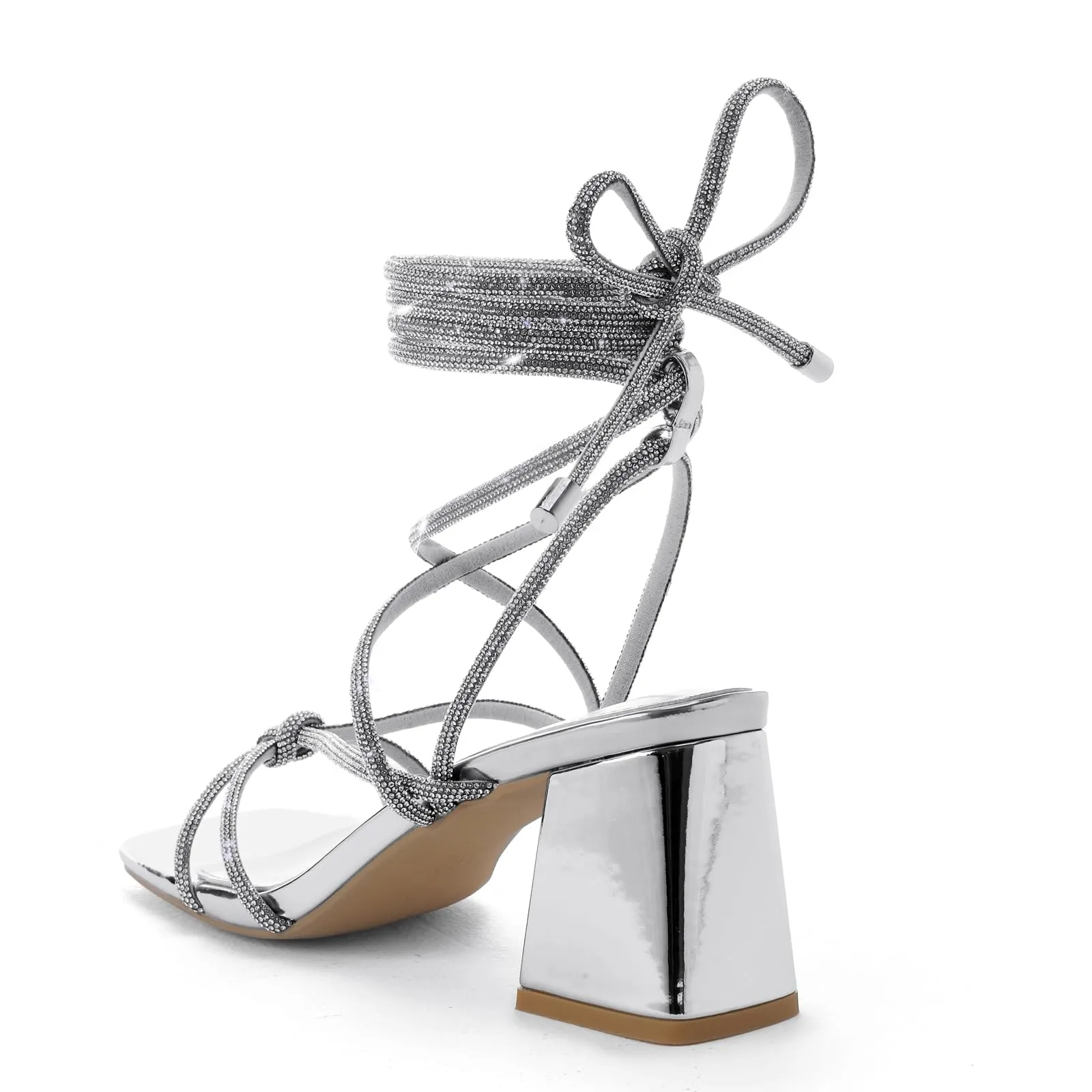 Shoe'N Tale Lace Up Heels for Women Ankle Strappy Gladiator High Heeled Sandals Chunky Block Heel Square Open Toe Criss Cross Dress Shoes(7.5,Silver)