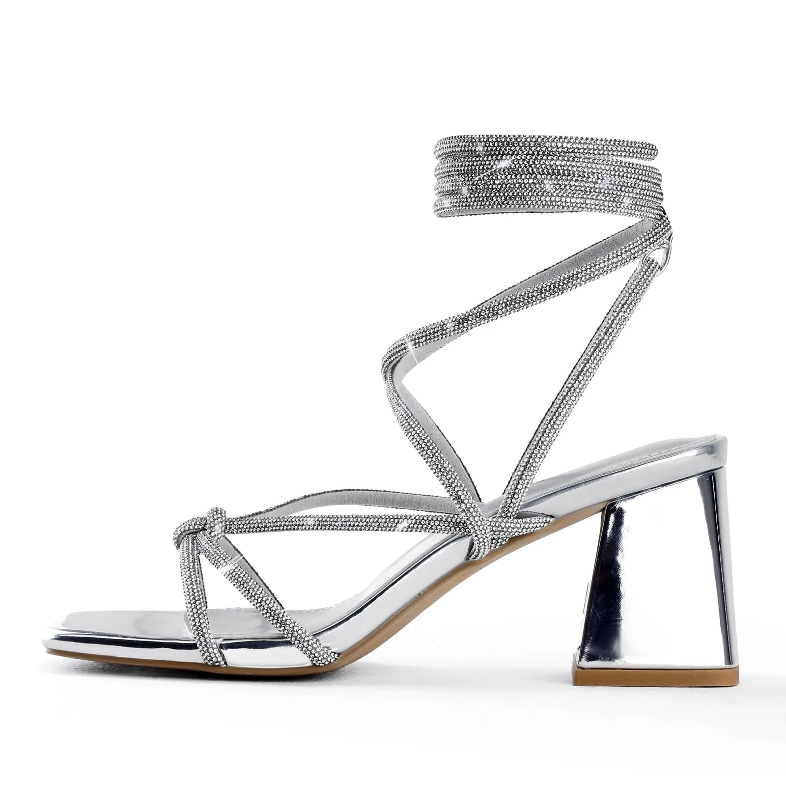 Shoe'N Tale Lace Up Heels for Women Ankle Strappy Gladiator High Heeled Sandals Chunky Block Heel Square Open Toe Criss Cross Dress Shoes(7.5,Silver)