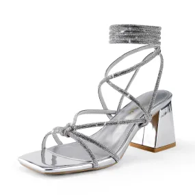Shoe'N Tale Lace Up Heels for Women Ankle Strappy Gladiator High Heeled Sandals Chunky Block Heel Square Open Toe Criss Cross Dress Shoes(7.5,Silver)