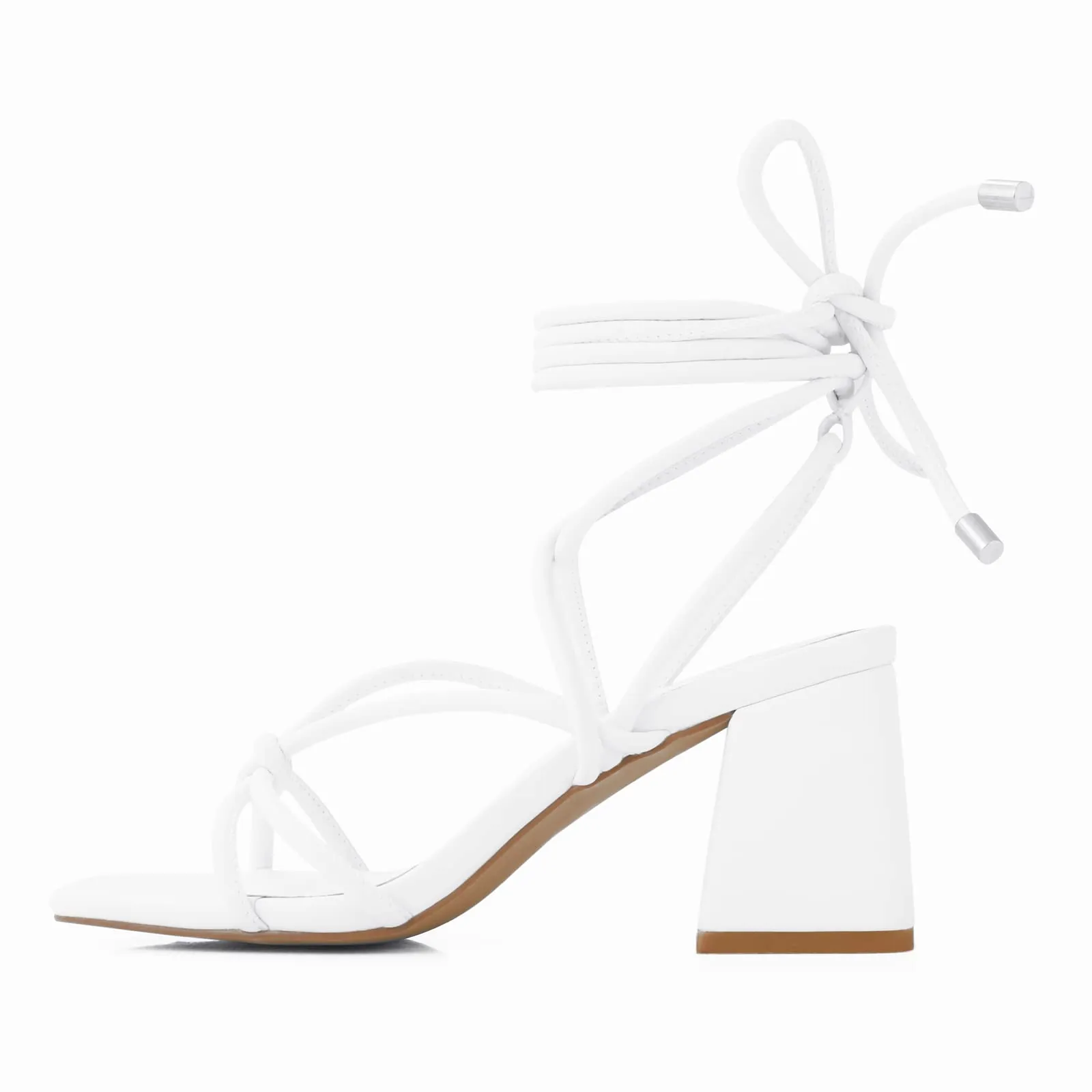 Shoe'N Tale Lace Up Heels for Women Ankle Strappy Gladiator High Heeled Sandals Chunky Block Heel Square Open Toe Criss Cross Dress Shoes(7,White)