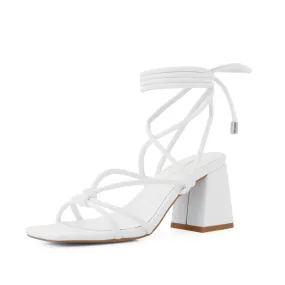 Shoe'N Tale Lace Up Heels for Women Ankle Strappy Gladiator High Heeled Sandals Chunky Block Heel Square Open Toe Criss Cross Dress Shoes(7,White)