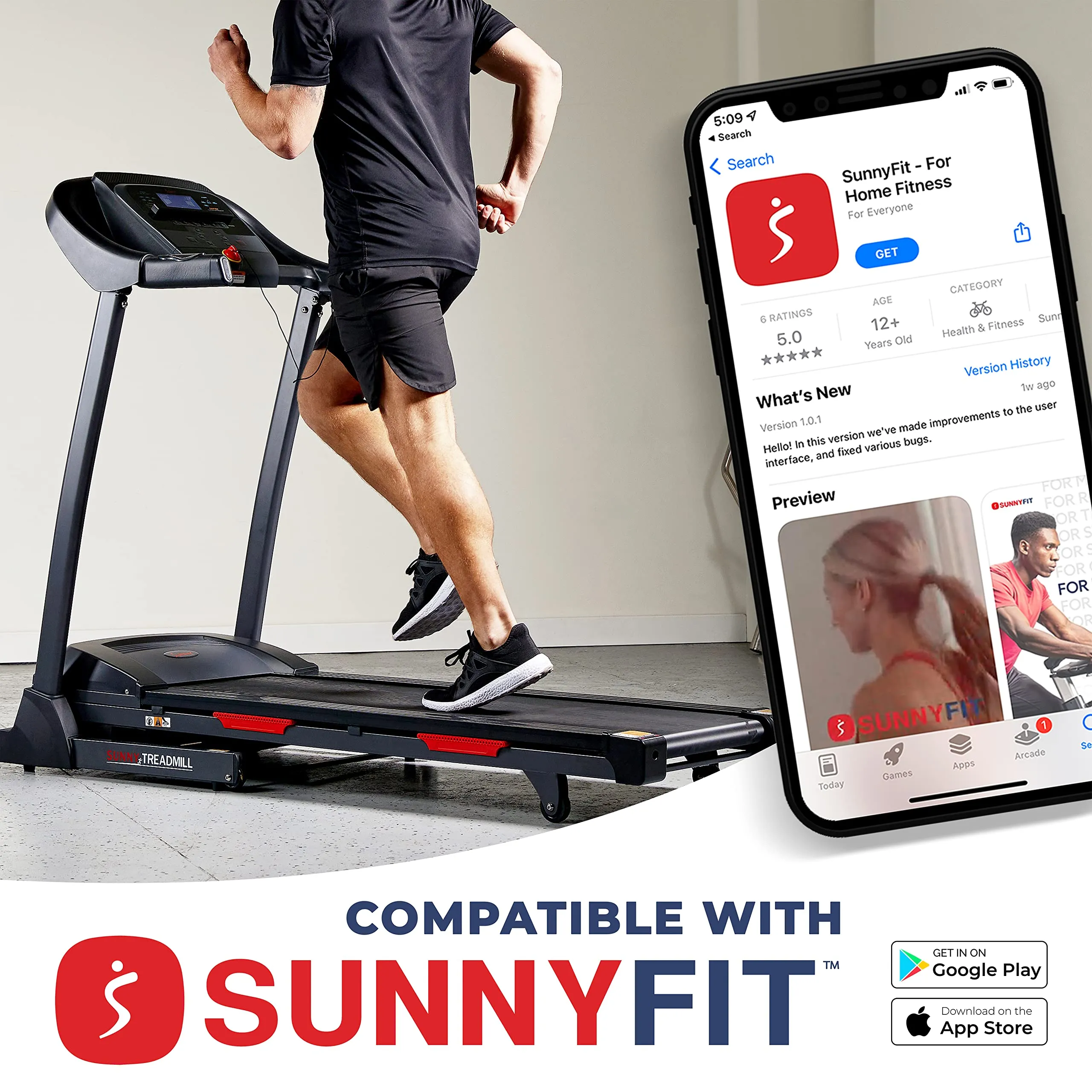 Sunny Health Folding Incline Treadmill with Bluetooth