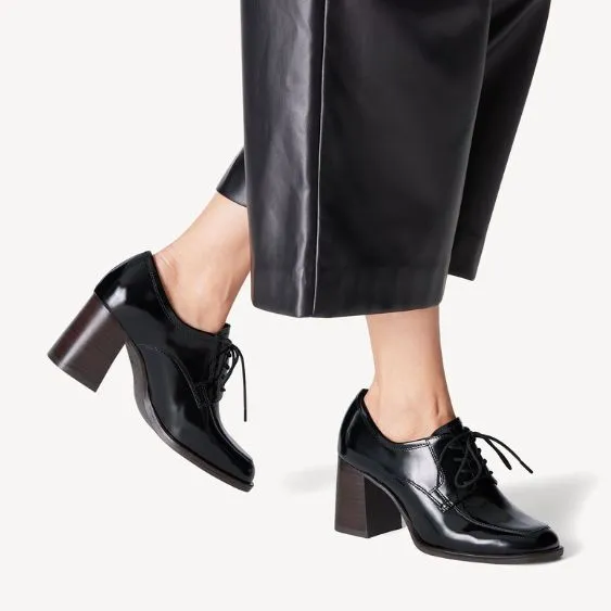Tamaris Black Brush Lace-up Block Heeled Shoe