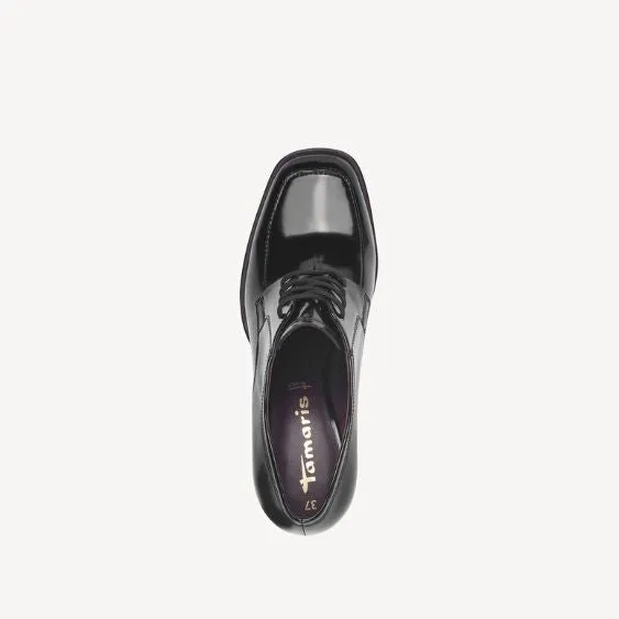 Tamaris Black Brush Lace-up Block Heeled Shoe