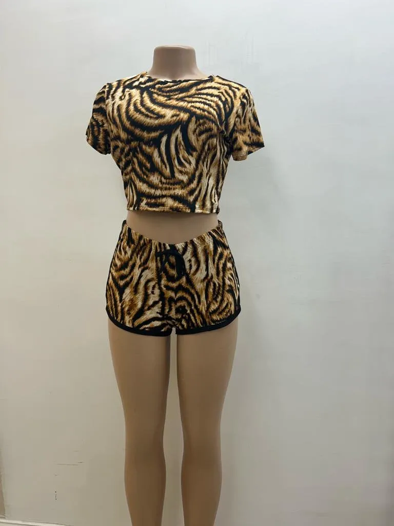 Women's Animal Print 2 Piece Outfits, Sleeved Crop Top and Shorts Two Piece Set