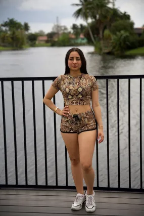 Women's Animal Print 2 Piece Outfits, Sleeved Crop Top and Shorts Two Piece Set