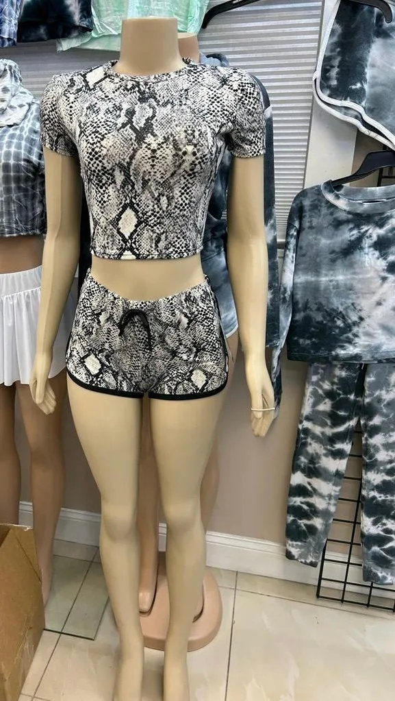 Women's Animal Print 2 Piece Outfits, Sleeved Crop Top and Shorts Two Piece Set